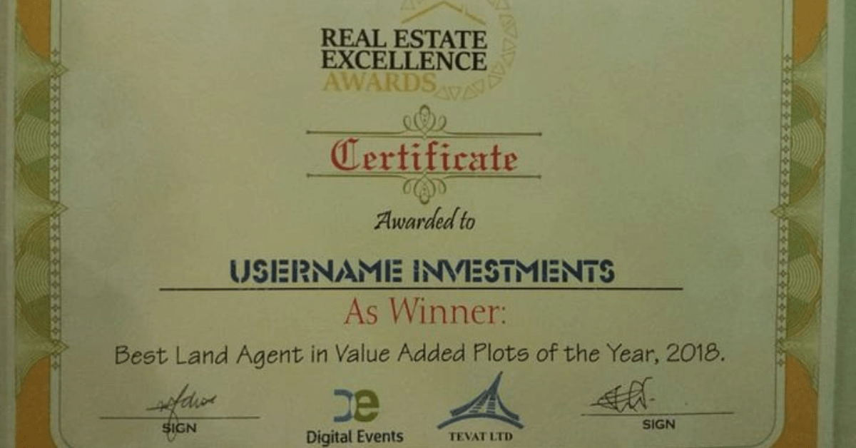 Username  awarded  The 2018 Best Land and Investment Company